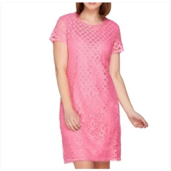 Isaac Mizrahi Live Lace Shift Dress Short Sleeve Barbie Pink US Size Medium - Picture 1 of 7